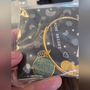 Alex and Ani Gold Bangle Bracelet with Green 'Joy to the World' Charm